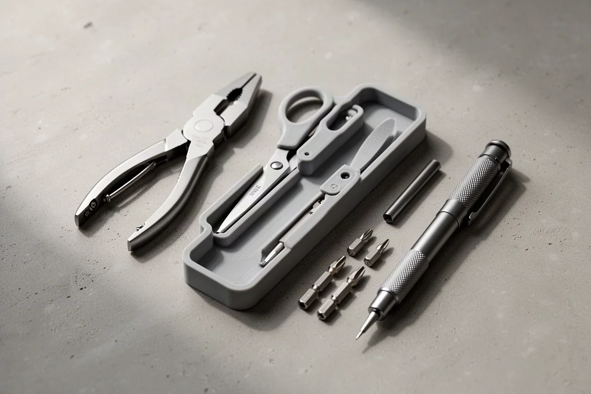 Modular EDC tools laid out next to a slim plastic holder on a desk