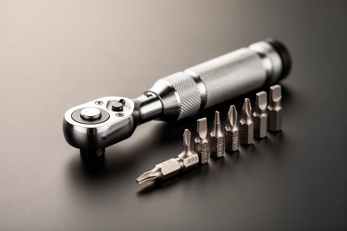Close-up of small double-sided screwdriver bits beside a compact ratchet driver