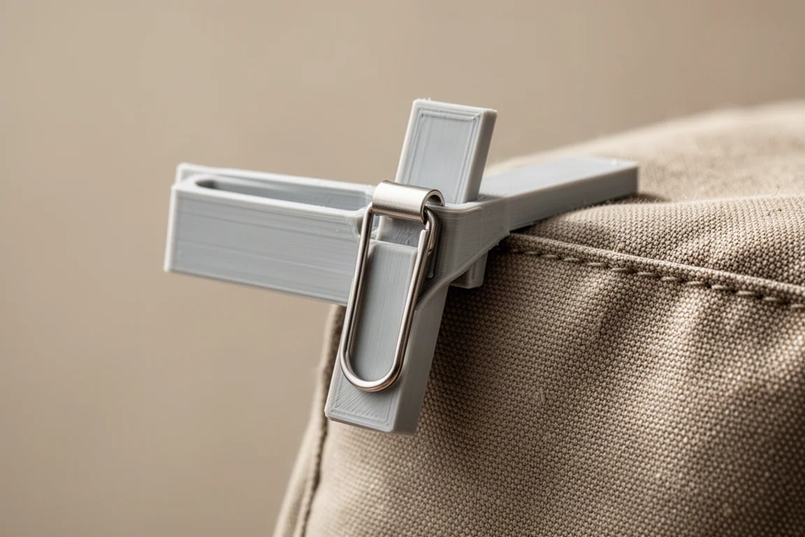 Pocket clip installed on a slim EDC holder clipped to fabric