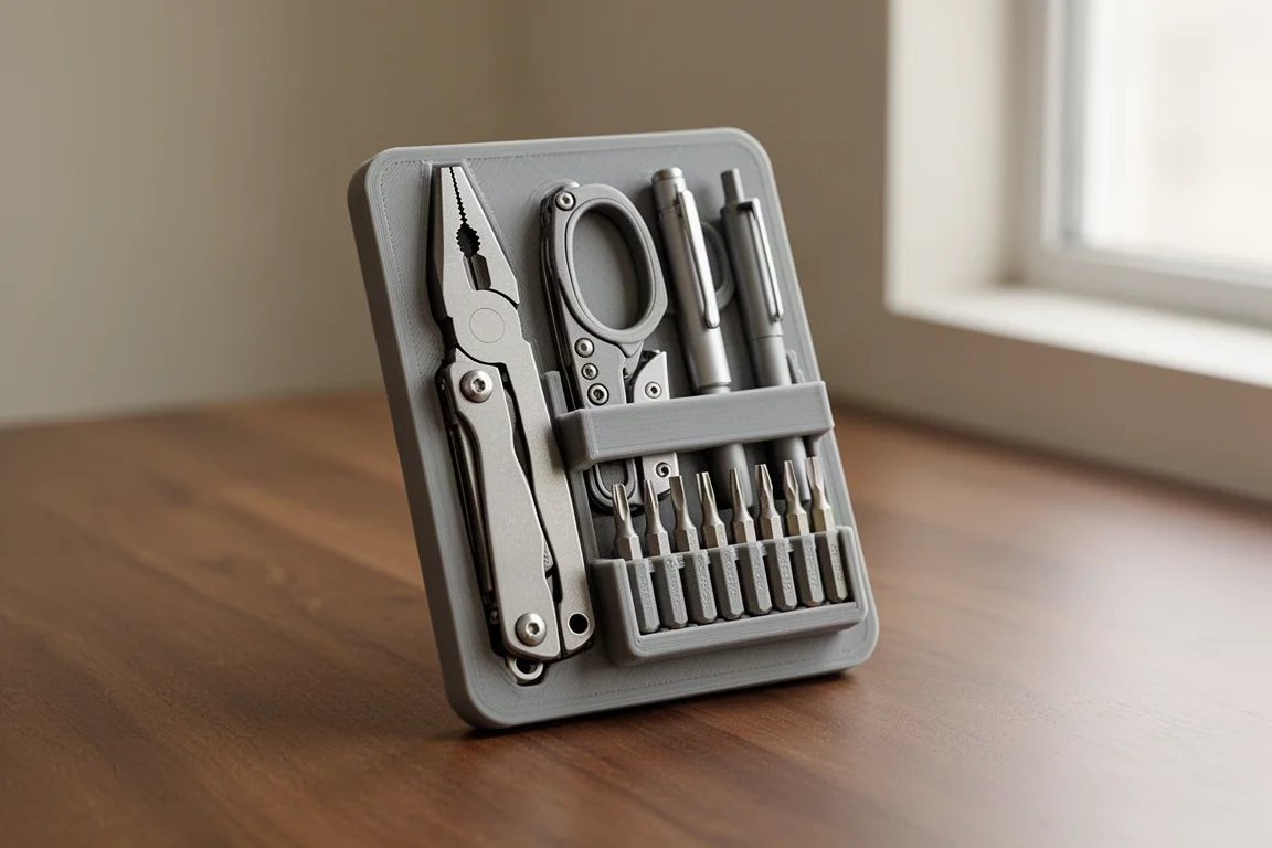 Slim 3D printed EDC holder holding compact pliers, scissors, pen, and screwdriver bits
