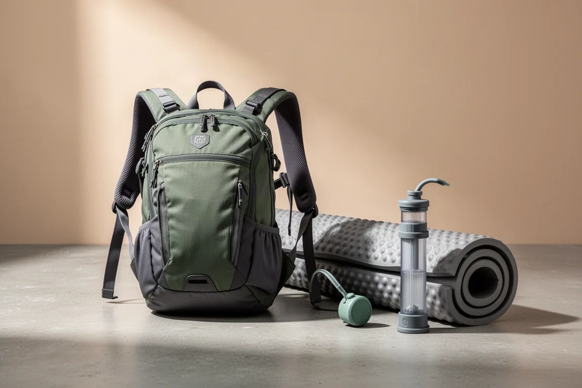Child carrier backpack, folded foam sleeping pad and water filter on a concrete surface