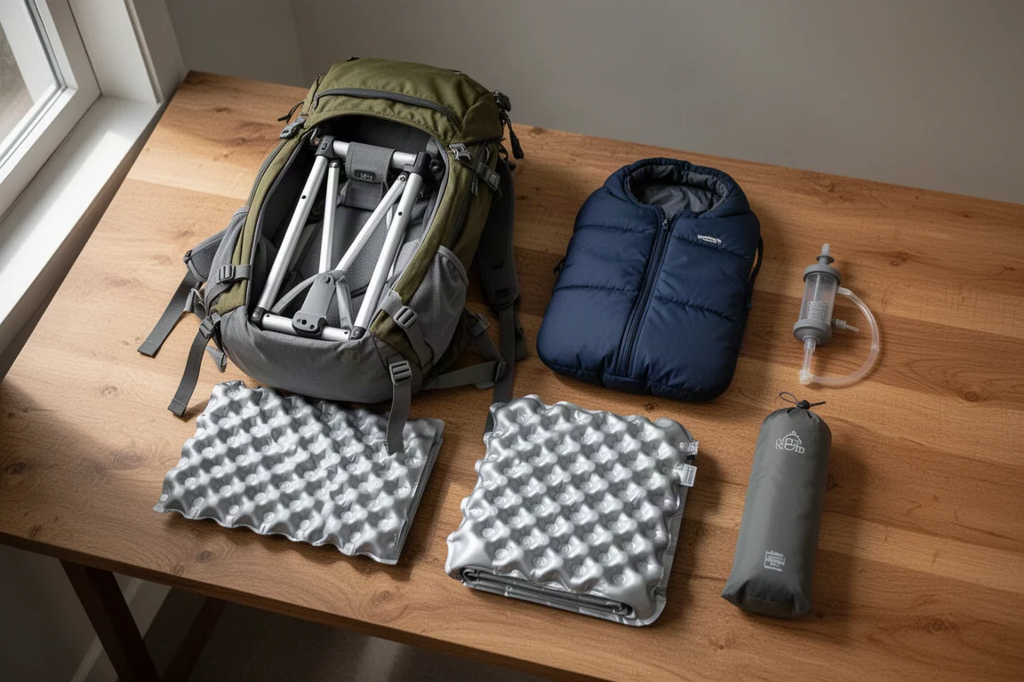 幼兒登山裝備平鋪照，包含嬰兒背架、睡袋、泡棉睡墊、濾水器與食物袋