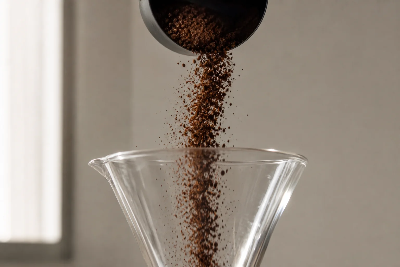 Ground coffee being poured into a clear brewing vessel