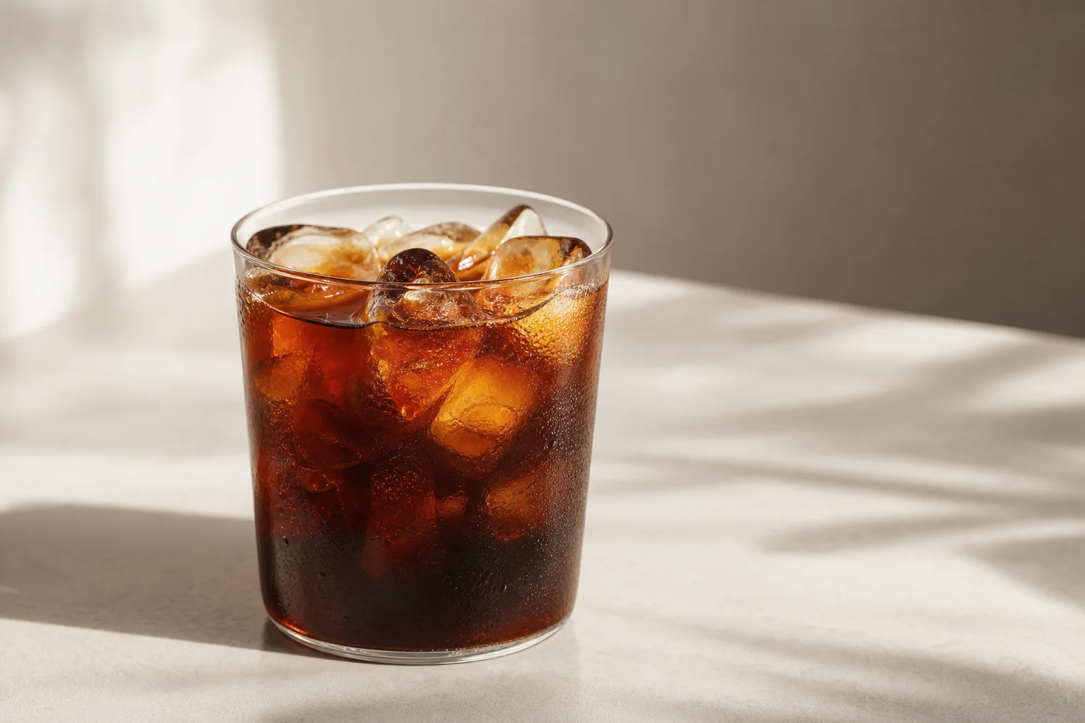 Freshly poured cold brew coffee in a glass with ice