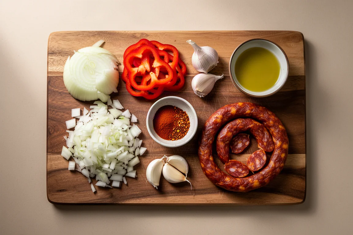 Onions, peppers, garlic and chorizo laid out on a wooden kitchen board