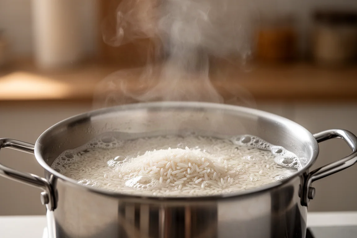 Steam rising from a simmering pot of rice in a kitchen