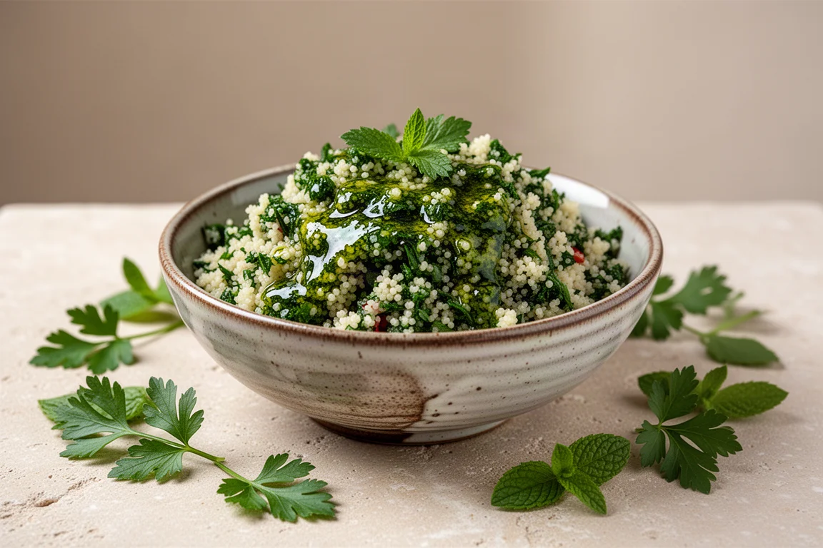 Vibrant green herb tabbouleh in a ceramic bowl with fresh herbs scattered