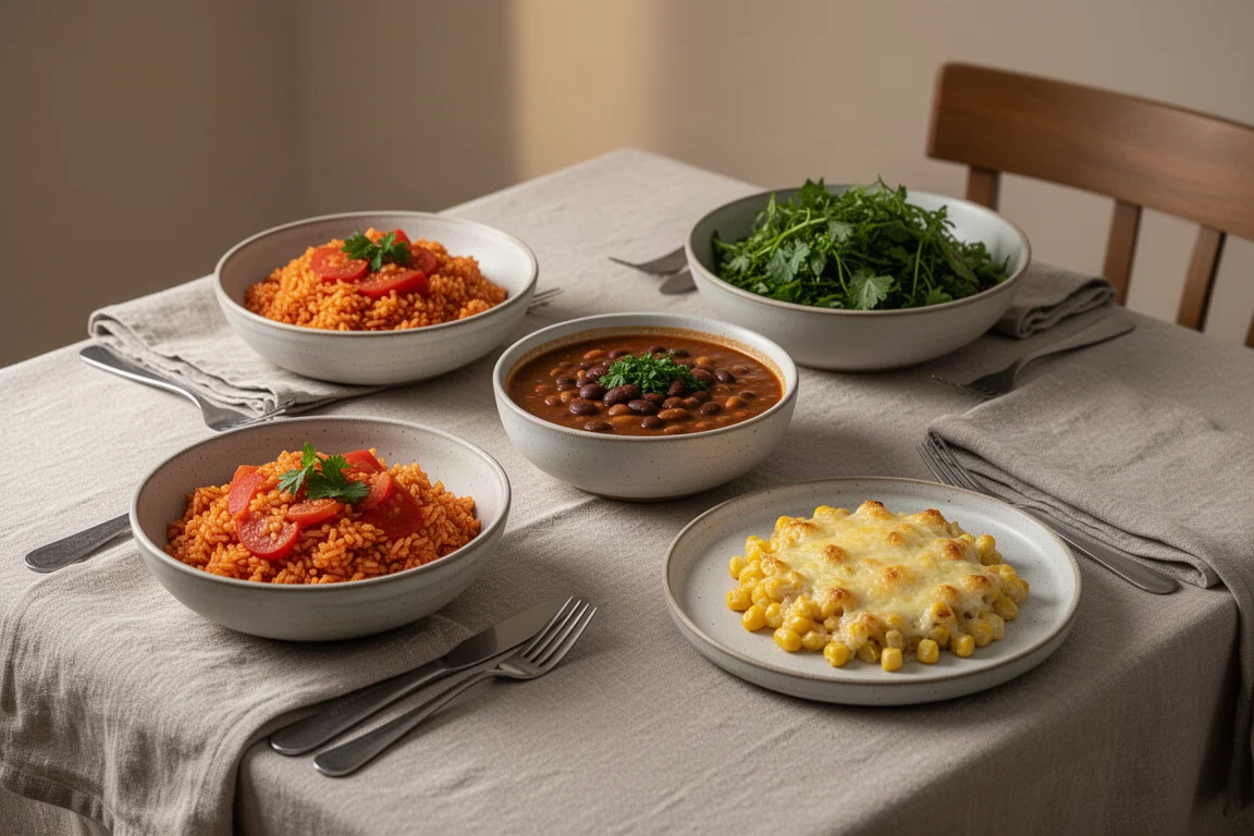 A served midweek table with bowls of rice, stew and salad