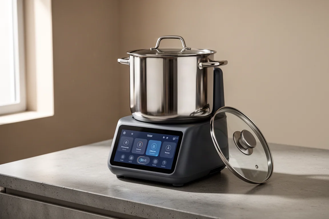 Tokit Omni Cook all-in-one countertop cooking machine with stainless steel pot and touchscreen