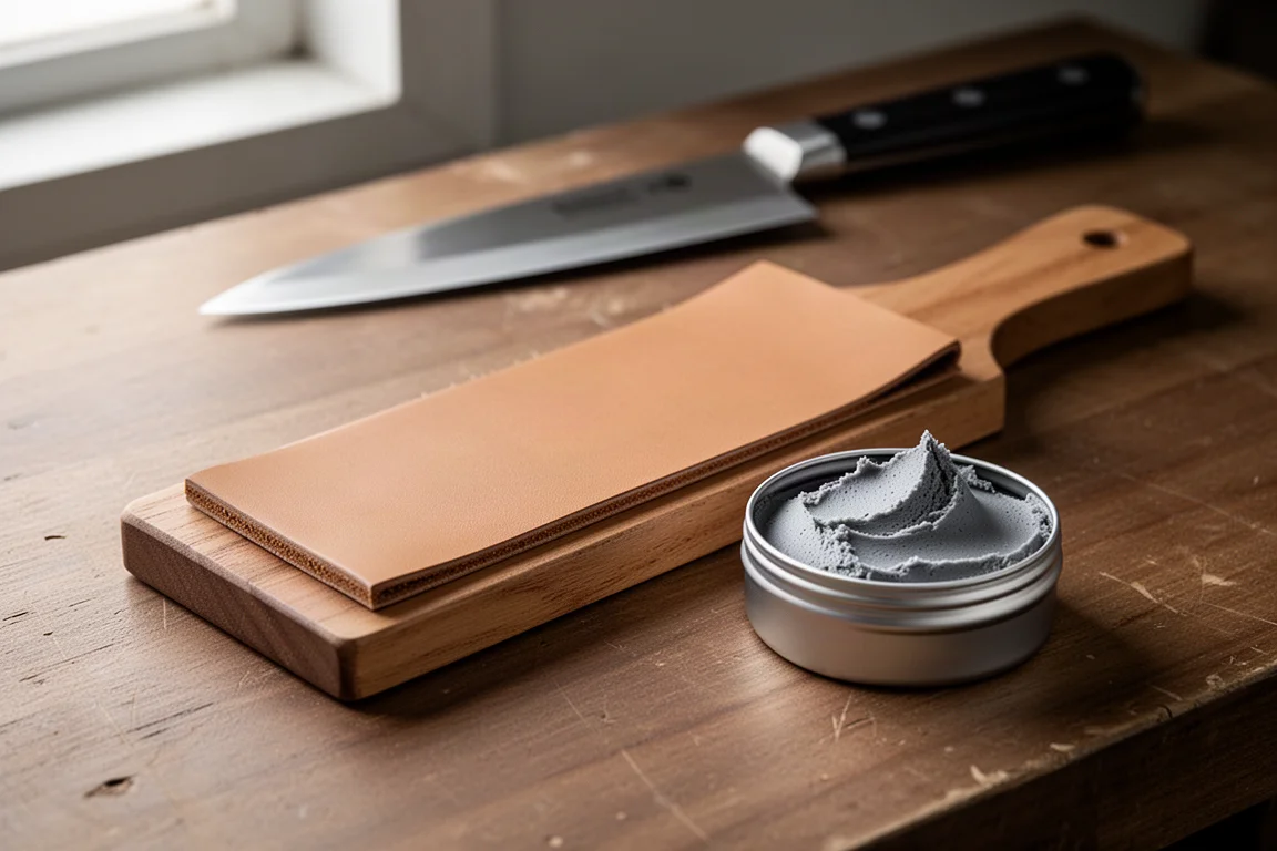 Leather strop and tin of diamond sharpening compound on a wooden workbench