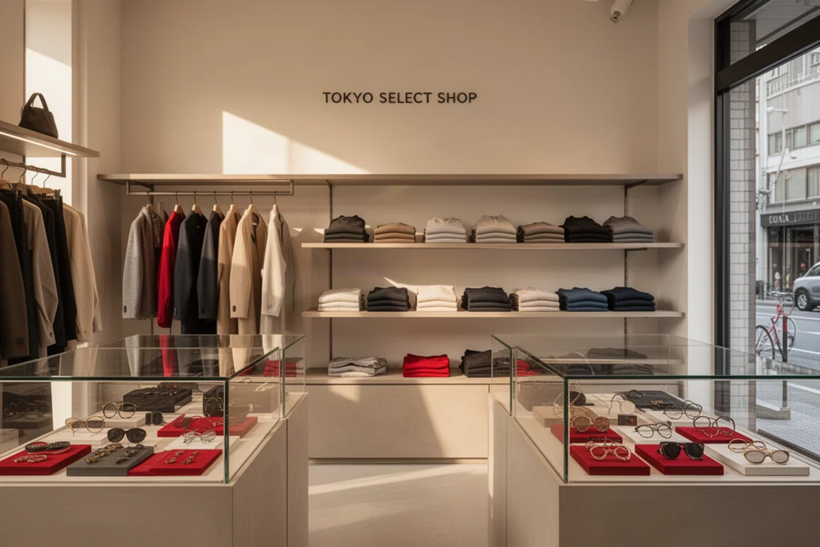 Kunden stöbern in einem stilvollen Tokyo Select Shop mit Kleidung und Accessoires