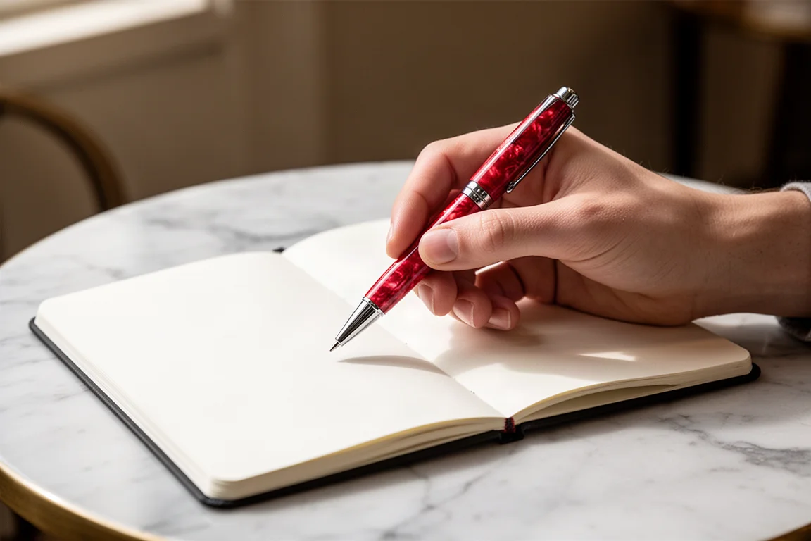 Hand hält einen ausziehbaren Stift mit rotem marmoriertem perlmuttfarbenem Griff über einem Notizbuch