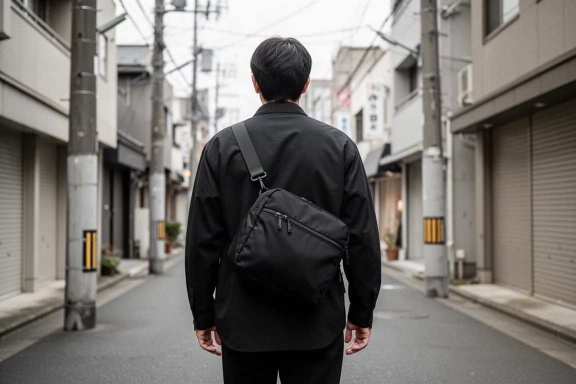 Schwarze Nylon-Slingbag über der Schulter auf einer ruhigen Straße in Tokyo