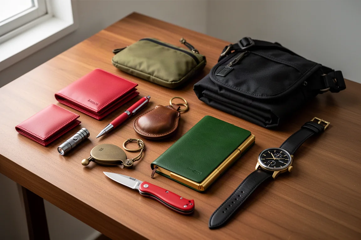 Flat-lay of a complete Tokyo everyday carry kit including wallet, flashlight, pen, pouch, knife and watch