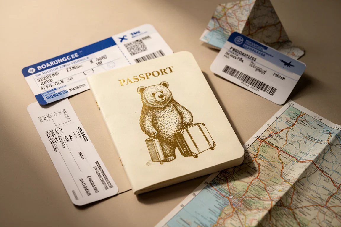 Taccuino formato passaporto con orso illustrato in lamina dorata su un tavolo da viaggio
