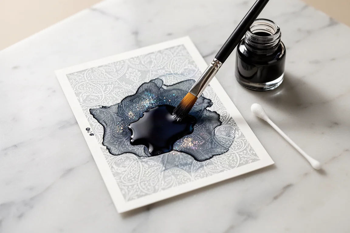 Pennello che applica un inchiostro scintillante per penna stilografica su una cartolina decorata