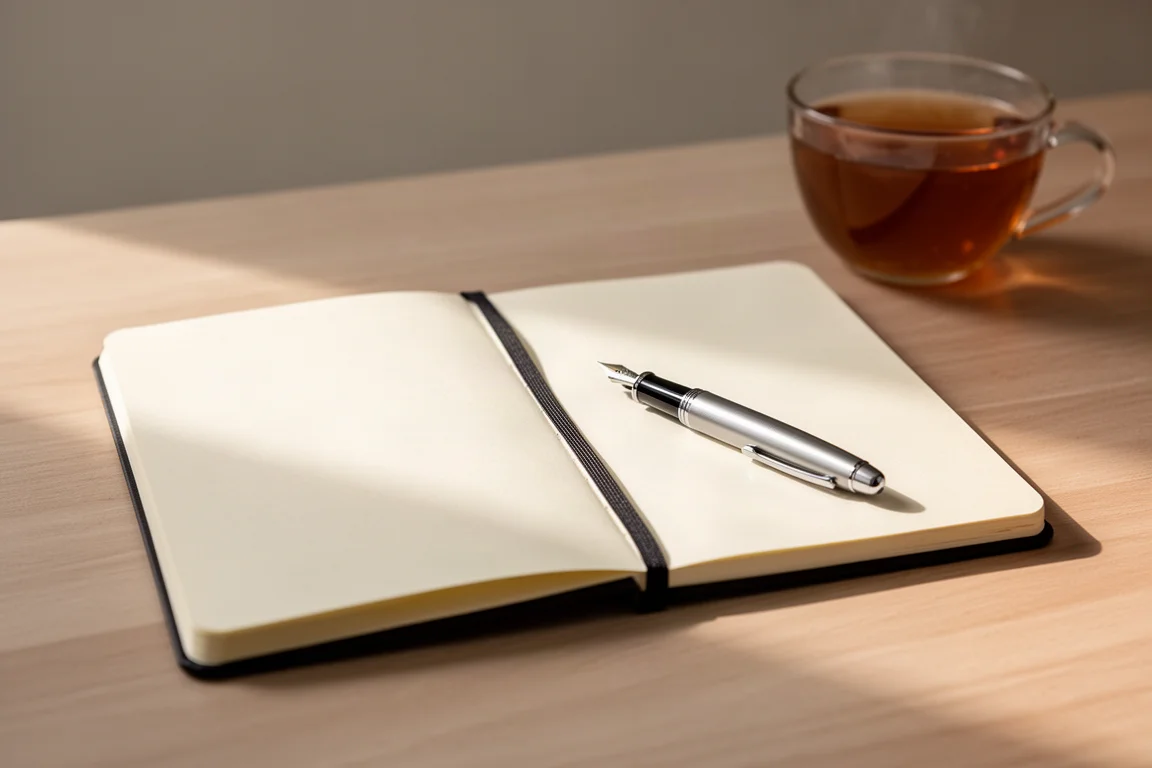 Quaderno aperto a piatto con penna stilografica che scrive su una scrivania in legno