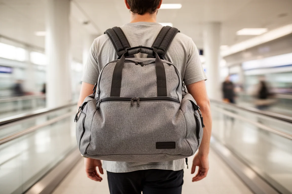 Podróżny niosący torbę typu duffel jak plecak na korytarzu lotniskowym