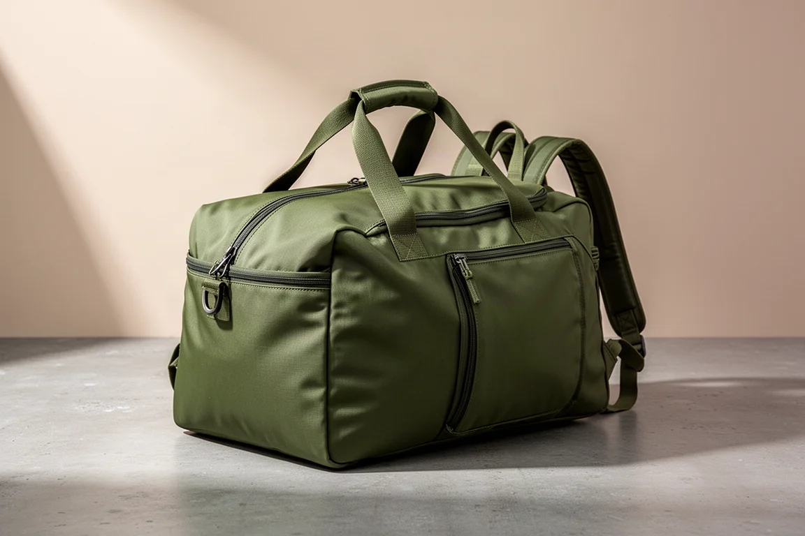 Zielona podróżna torba Tom Bihn Aeronaut 30 na betonowej powierzchni