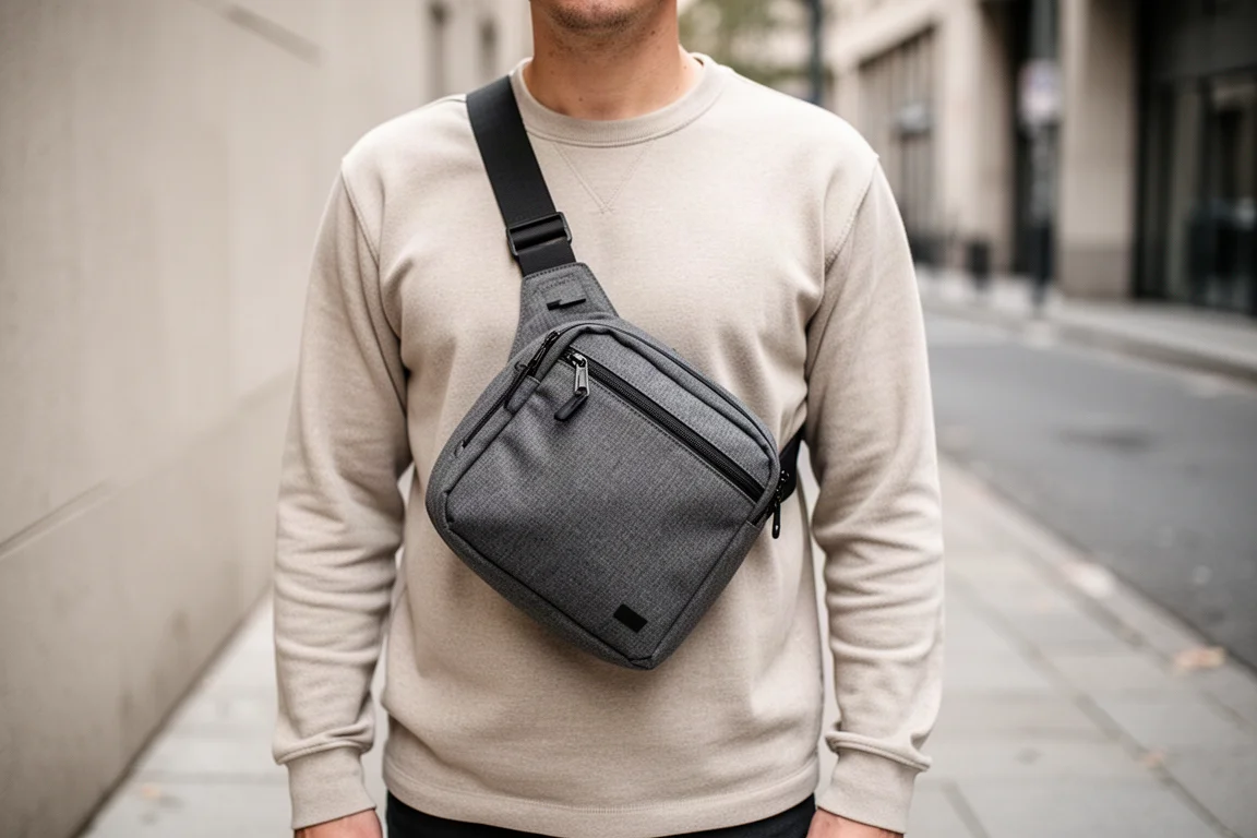 Torba sling noszona na piersi w codziennym miejskim otoczeniu