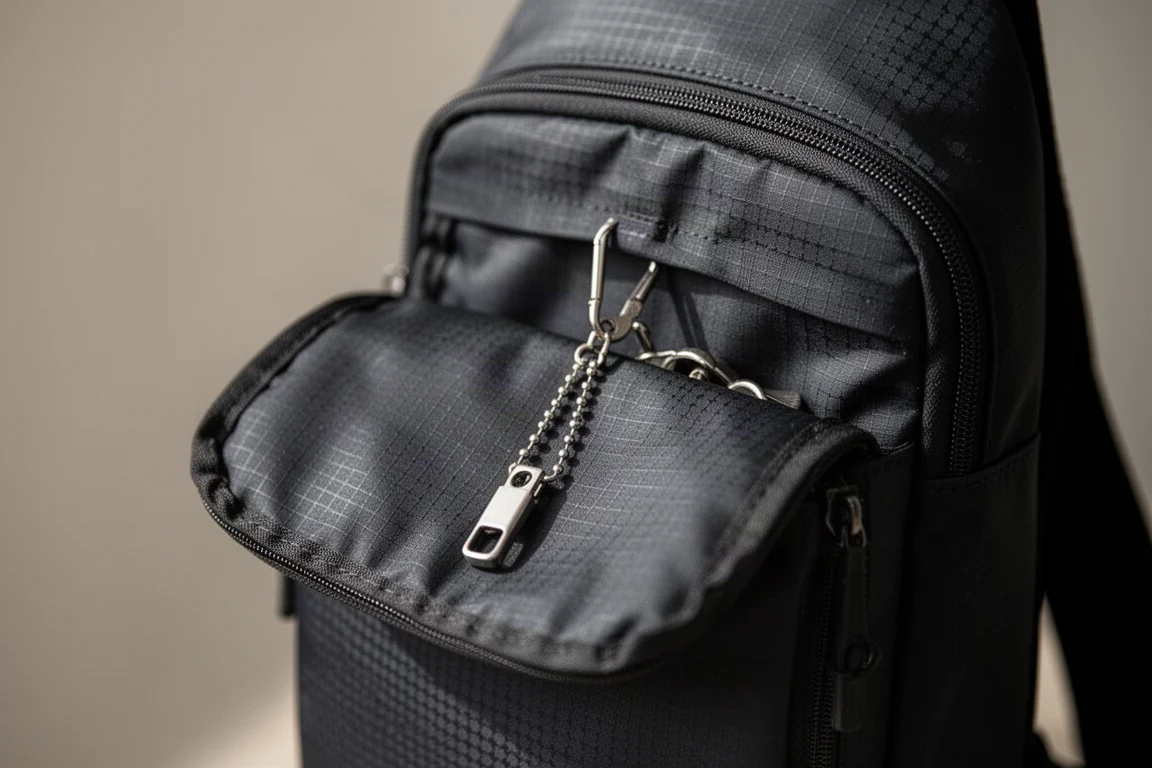 Geöffnete vordere Außentasche eines Sling Bags mit langem Schlüsselband und Metallkarabiner