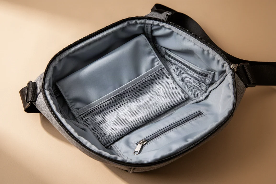 Geöffnetes Hauptfach eines Sling Bags mit dehnbarem Mesh und Reißverschluss-Innentaschen