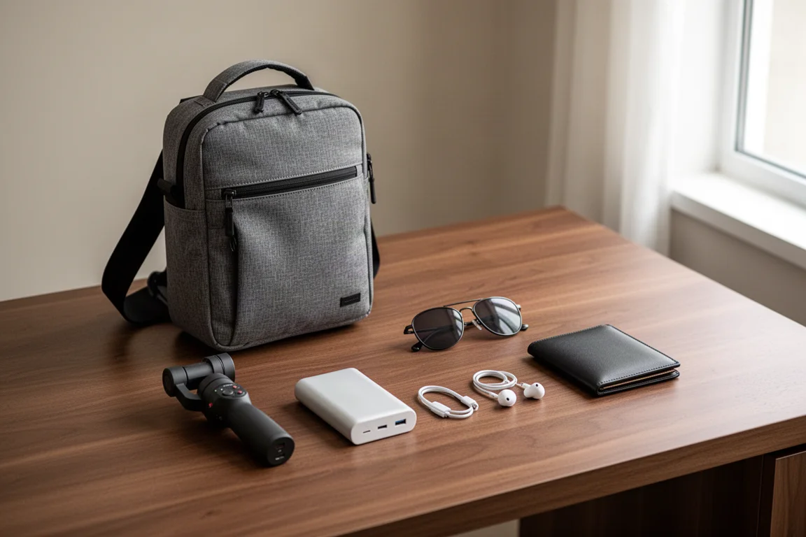 Sling Bag mit Reiseelektronik und Zubehör gepackt, auf einem Schreibtisch aus Holz