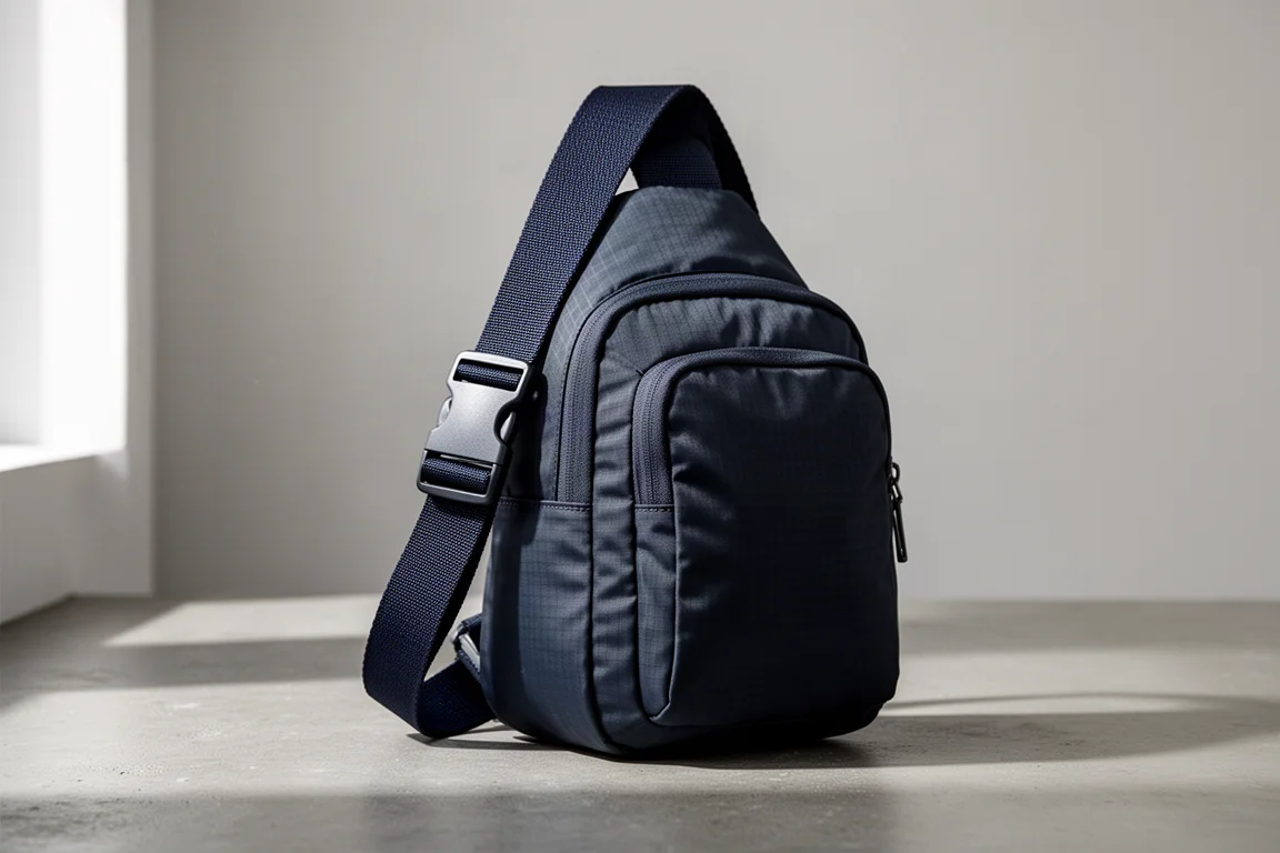 Tom Bihn Aviator Travel Sling z ciemnego nylonu ripstop na betonowej powierzchni