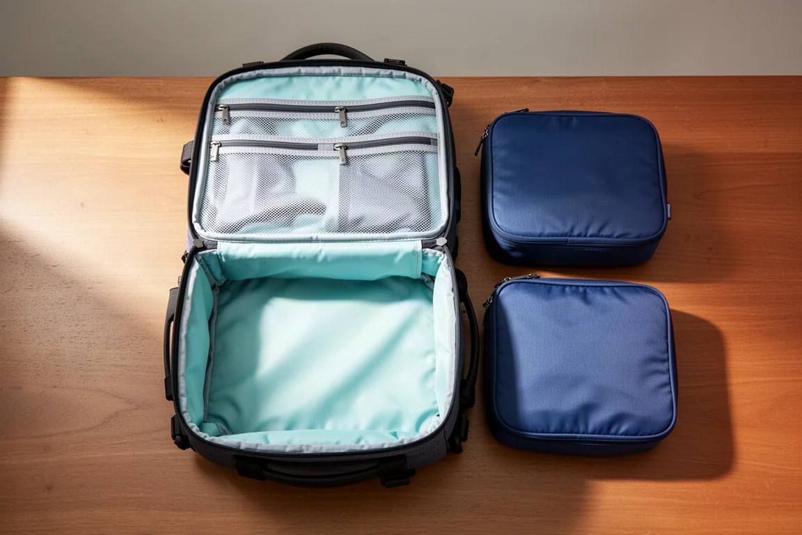 Otwarty przedni panel plecaka podróżnego z kieszeniami i organizerami packing cubes