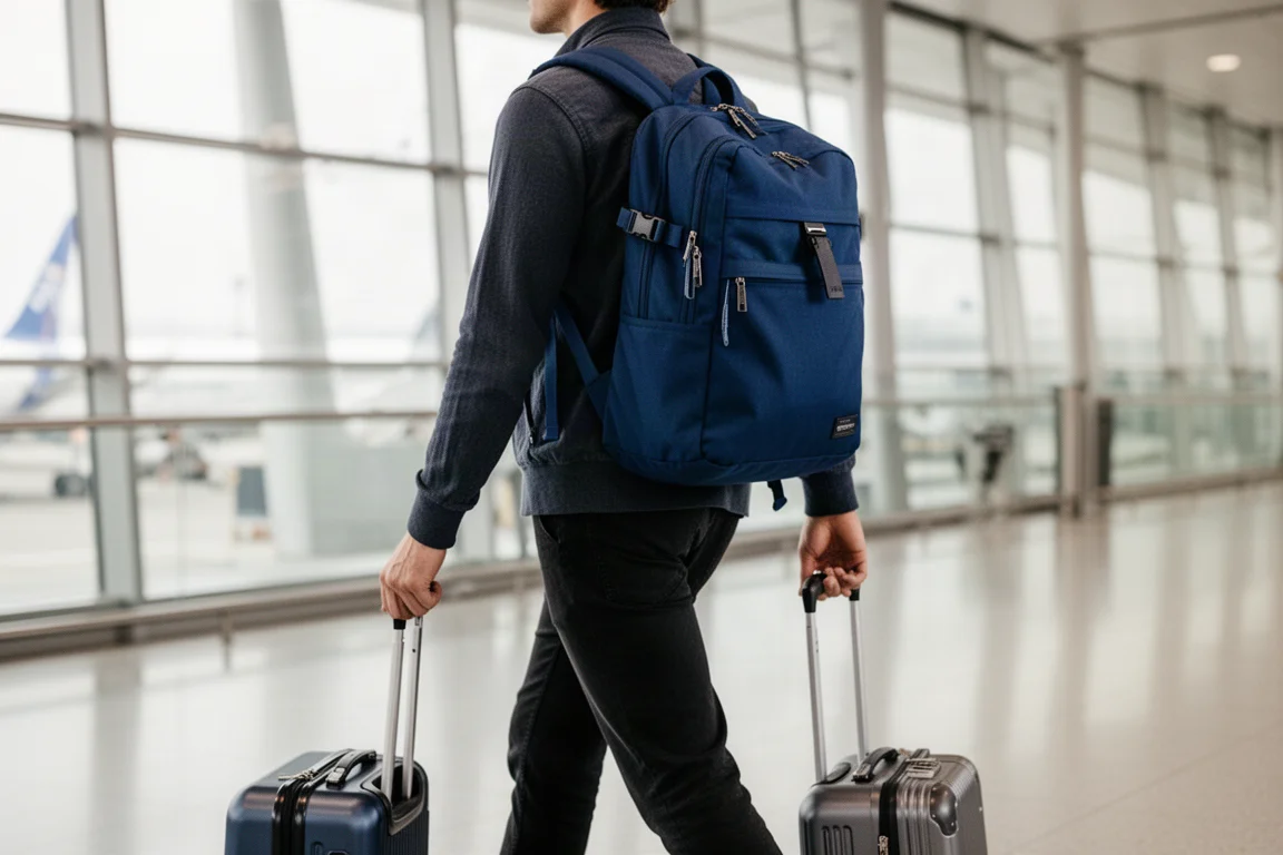 Podróżny idący przez terminal lotniskowy z plecakiem i walizką na kółkach