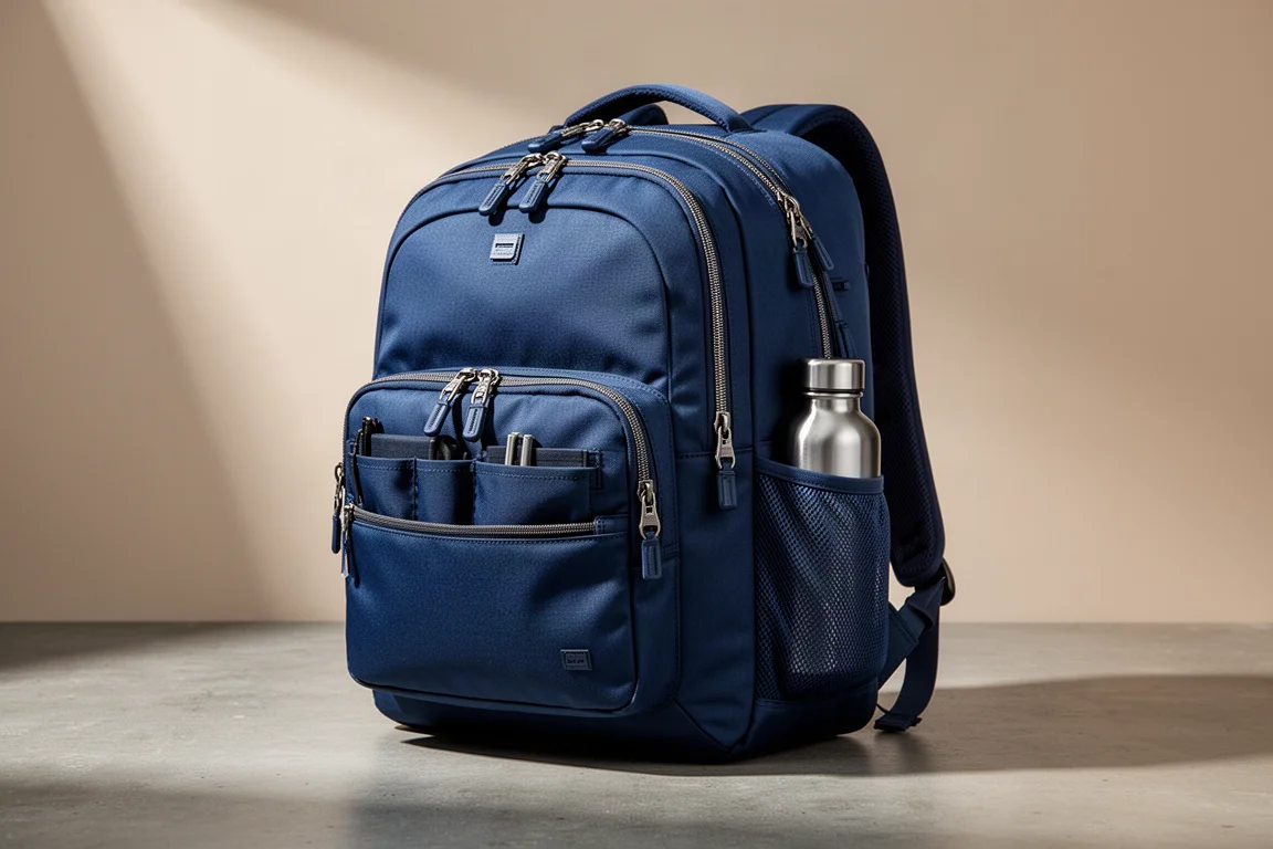 Zaino da viaggio Tom Bihn Bixie blu scuro con pannello frontale apribile su superficie di cemento
