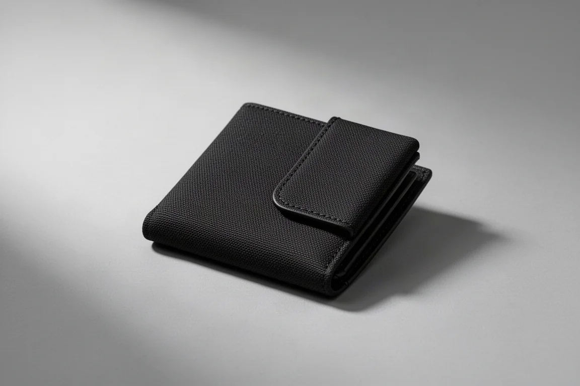 Tom Bihn Minimalist Wallet Number 1 啞光黑色布料，置於灰色背景上