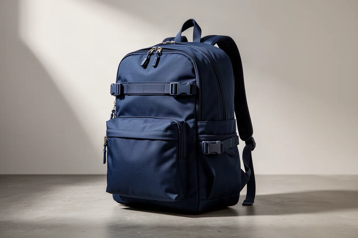Deep navy soft-sided travel backpack on a matte concrete surface