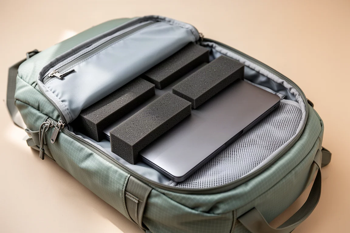 Otwarta komora na laptopa w plecaku z widocznymi piankowymi panelami ochronnymi