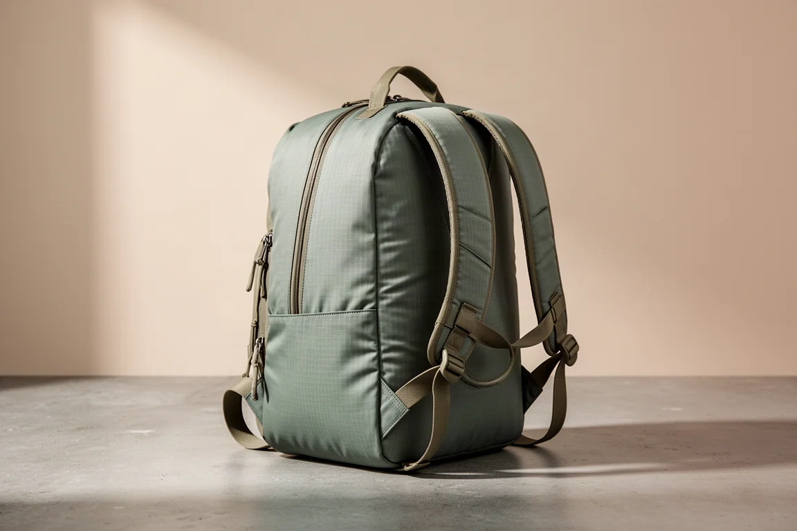 Olive-teal soft-sided travel backpack standing upright on concrete