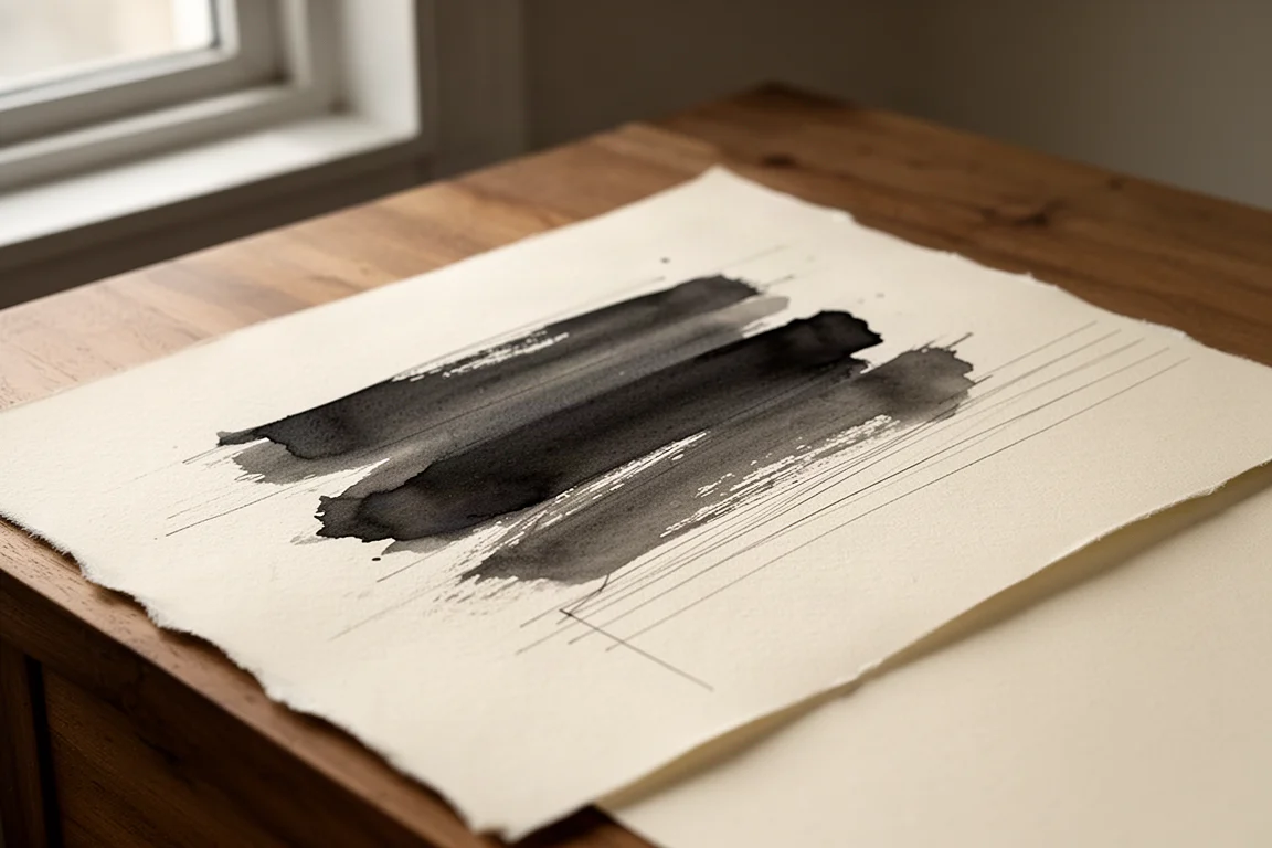 Trazos de caligrafía con pincel y líneas finas de trazador dibujadas sobre papel texturizado