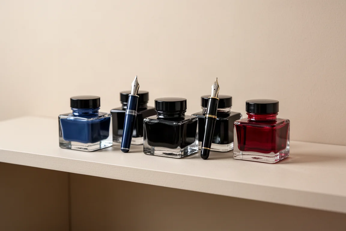 Botellas de tinta para pluma fuente en colores apagados sobre una estantería de estudio