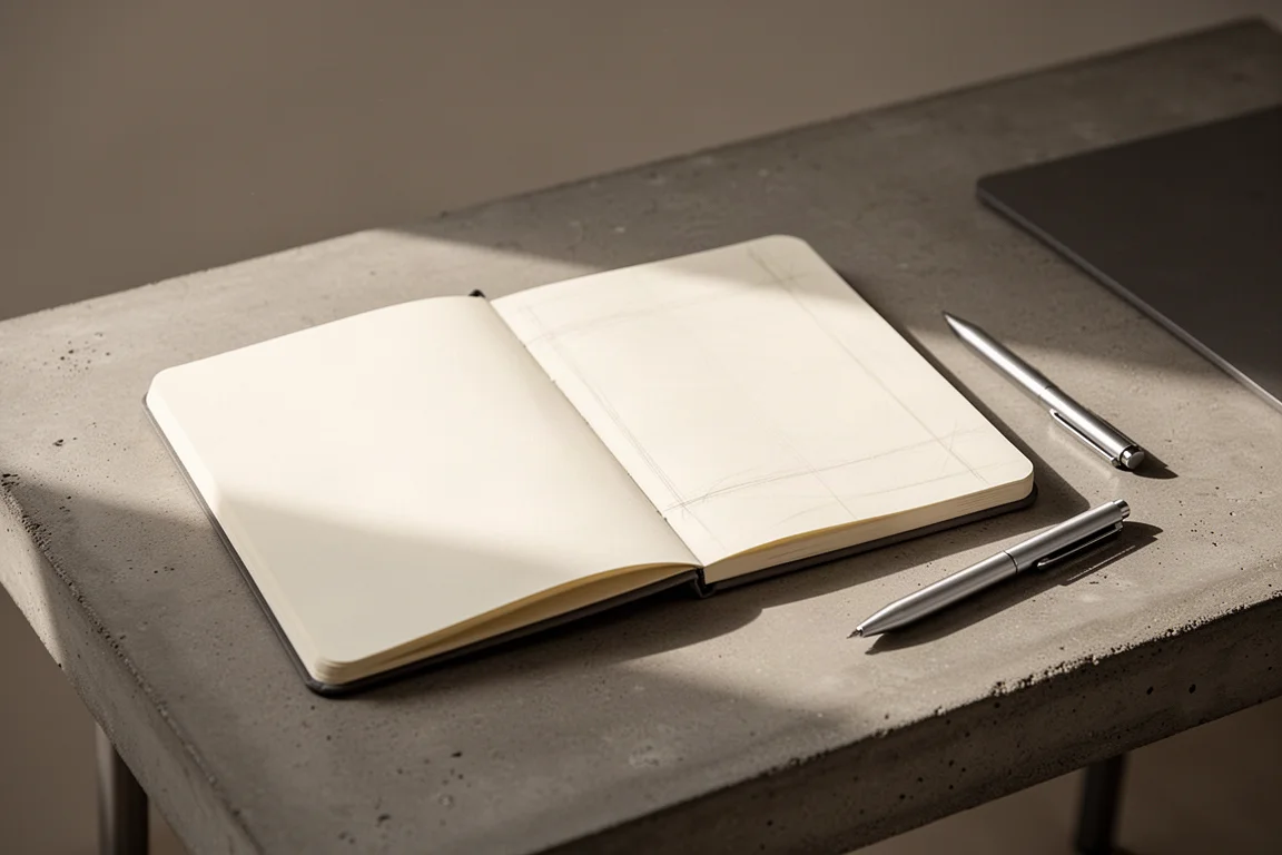 Cuaderno de bocetos abierto con dibujos a tinta sobre un escritorio junto a un bolígrafo
