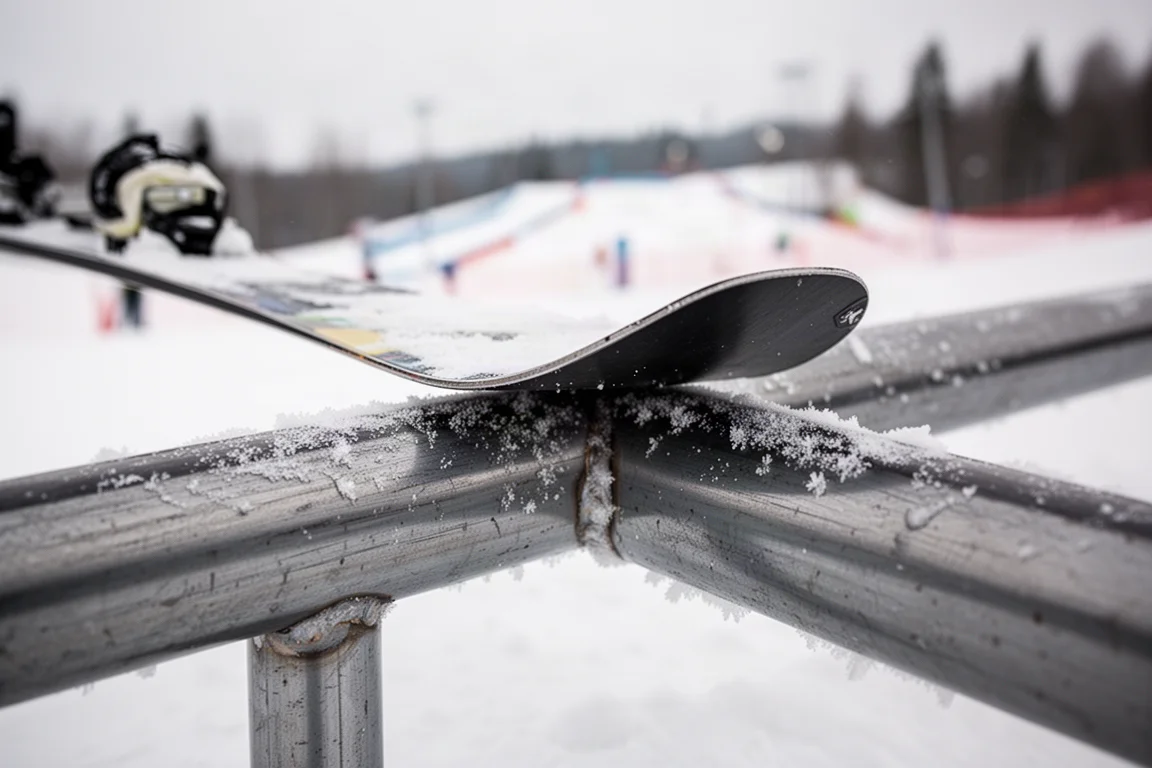 Primer plano de los cantos de un ski agarrándose a un rail de acero en un terrain park