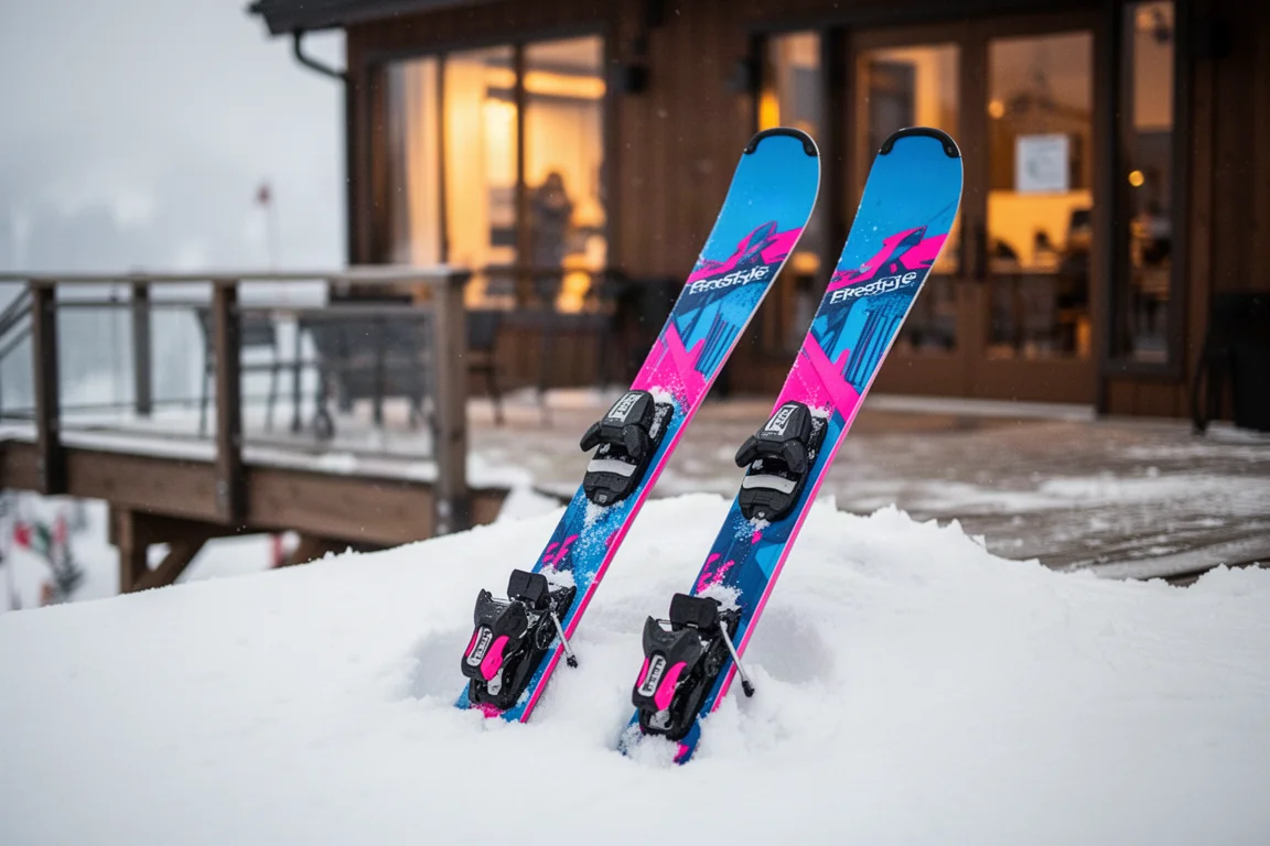Pareja de skis apoyados sobre la nieve junto al lodge de una estación
