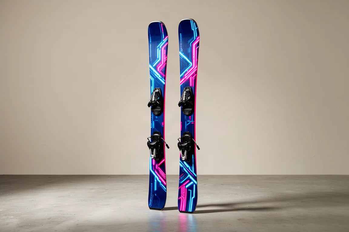 Pair of park skis with bright blue and neon pink graphics standing upright