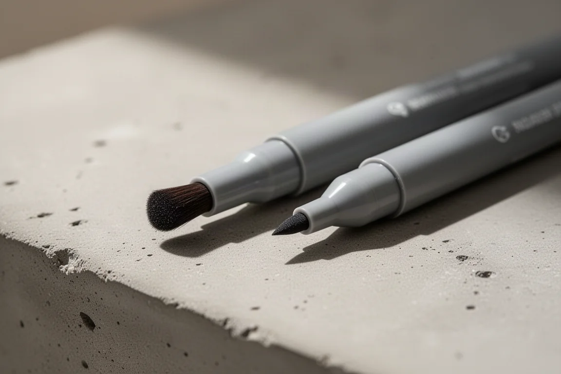 Dubbelzijdige brush pen met brush tip en fijne bullet tip naast elkaar