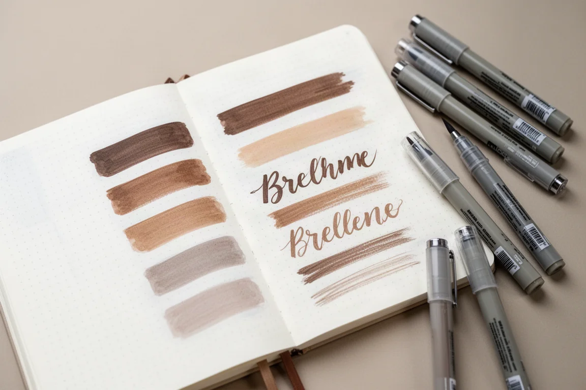 Handlettering-oefening in een dotted journal met brush pen-streken in gedekte kleuren