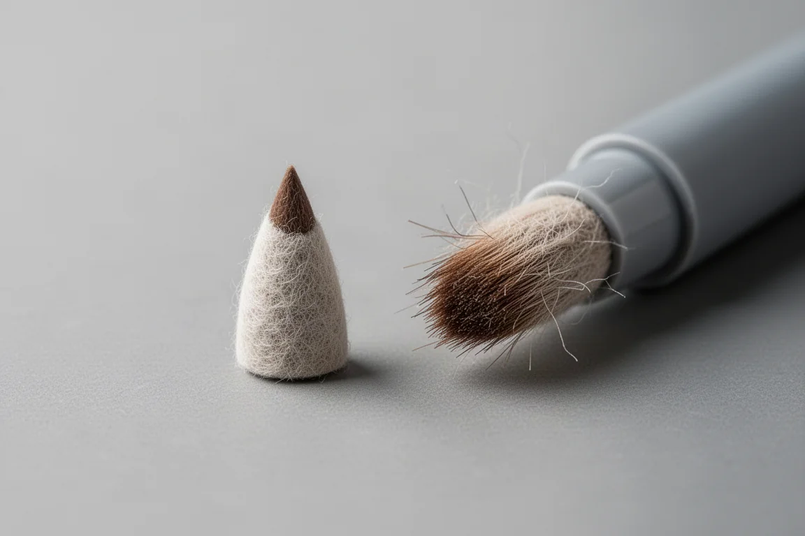 Gebruikte brush pen-punten met lichte vezelvorming na langdurig gebruik