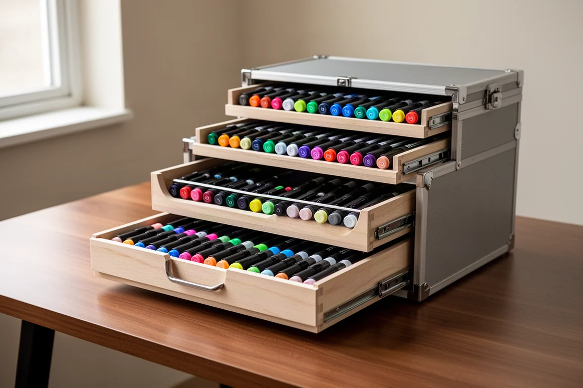 Trapsgewijs uitgeschoven laden van een opbergkoffer met een volledige collectie brush pens