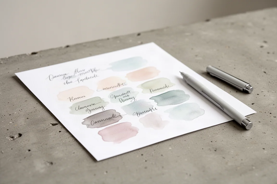 Muestras escritas a mano de tintas en colores pálidos sobre papel blanco