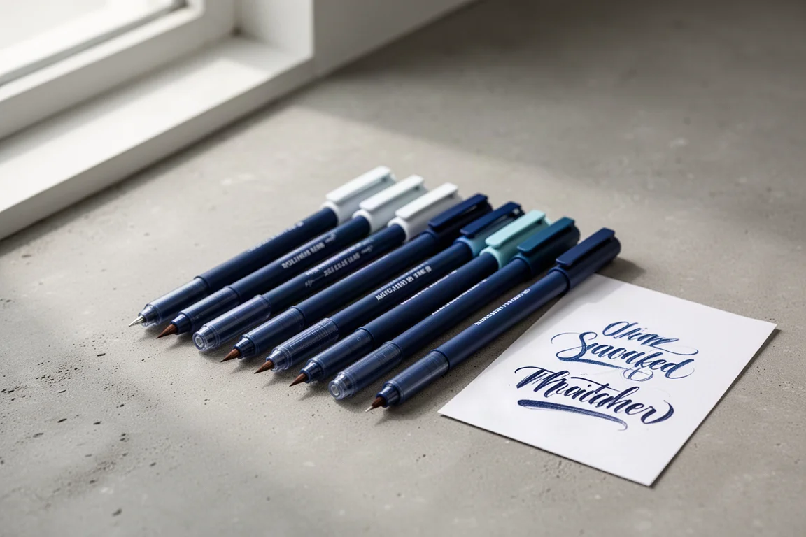 File di penne a pennello sottili con tappi colorati accanto a un foglio di carta per esercitazioni di lettering