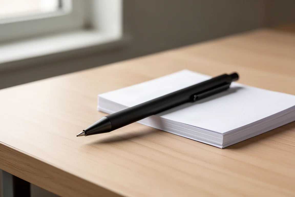 Slim matte black mechanical pencil resting on a desk beside open notebook