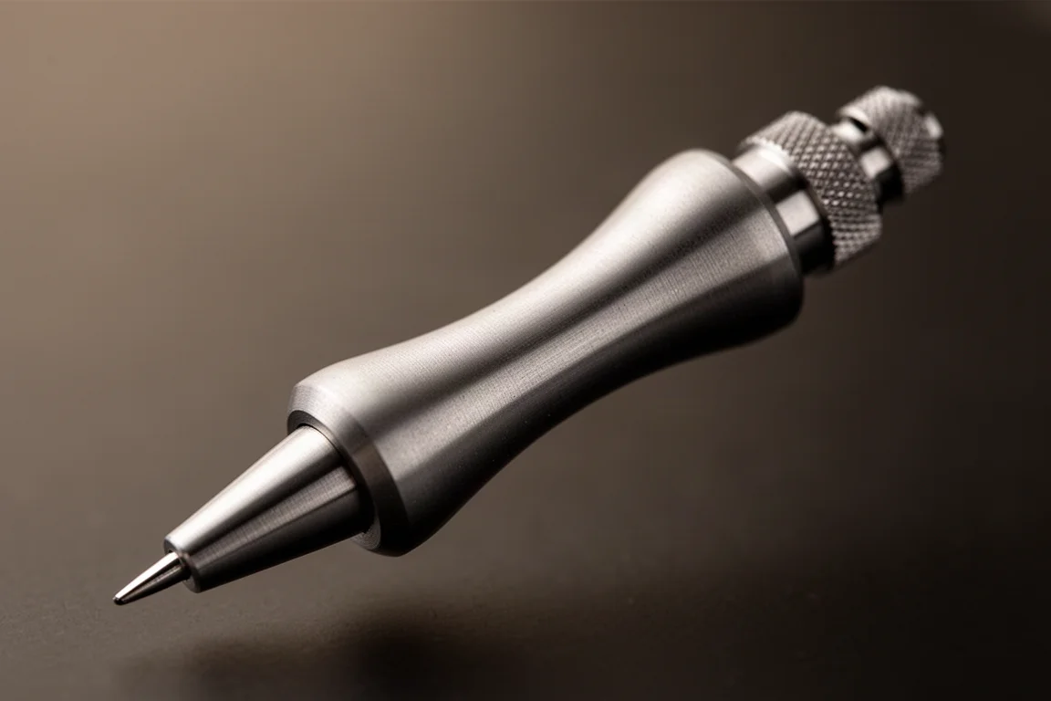 Close-up of a machined metal pencil grip and tapered tip section