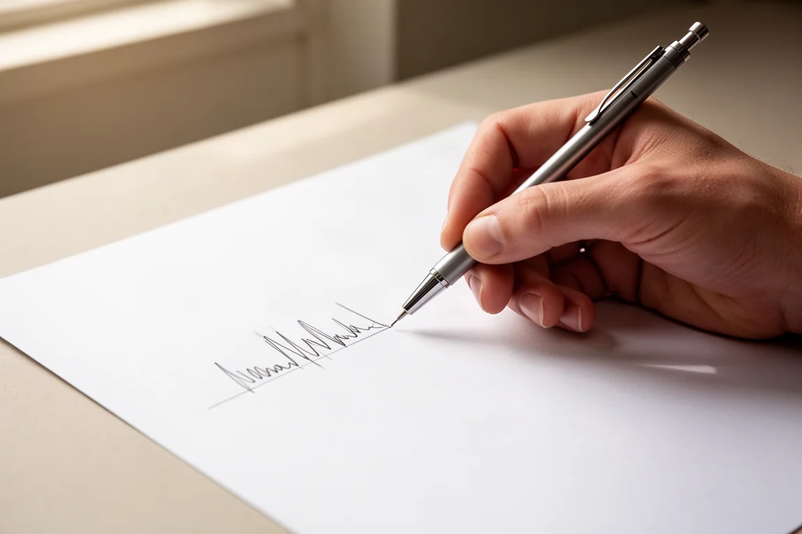 Hand writing with a mechanical pencil on paper in warm daylight